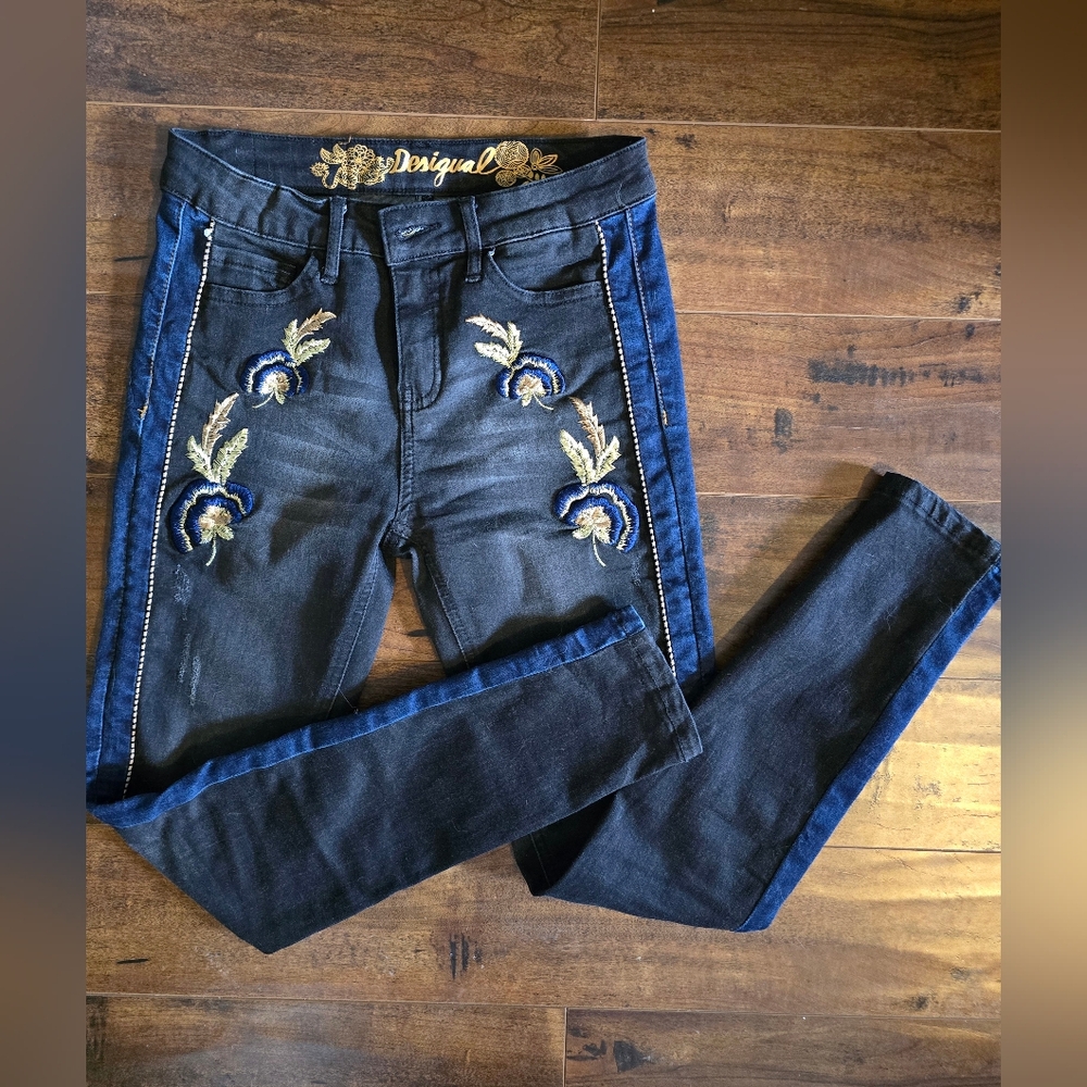 BOGO Desigual Embroidered Waxy Black and Blue Jeans